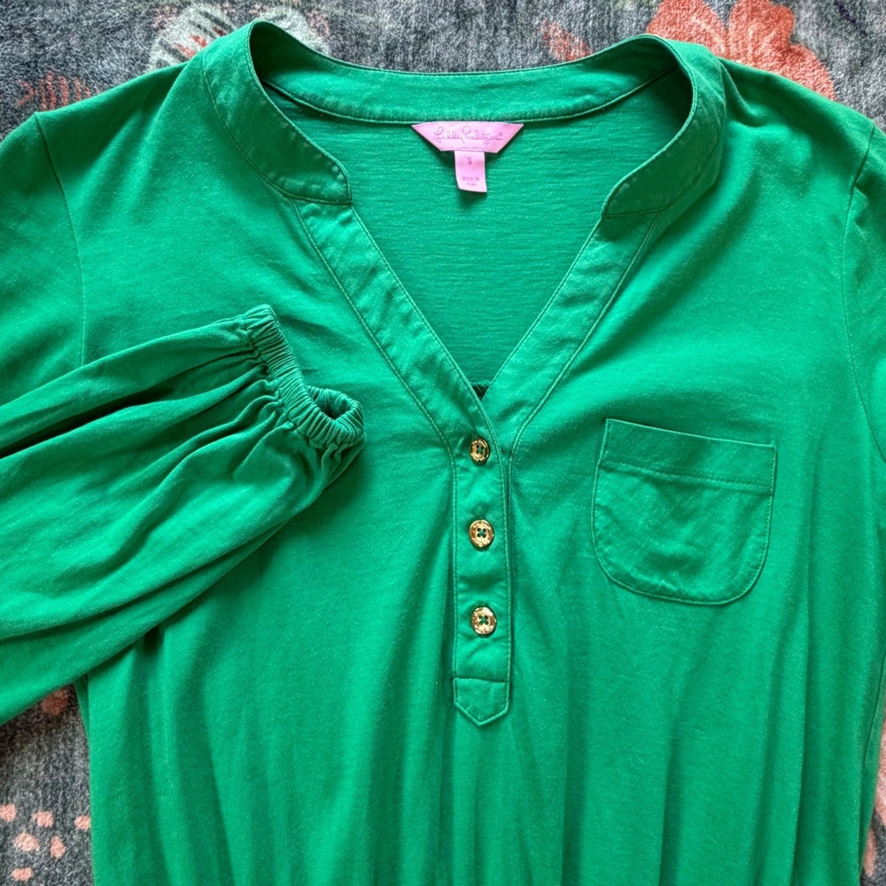 Lilly Pulitzer Green Pima Cotton Henley Dress Elastic Waist 85231 Small